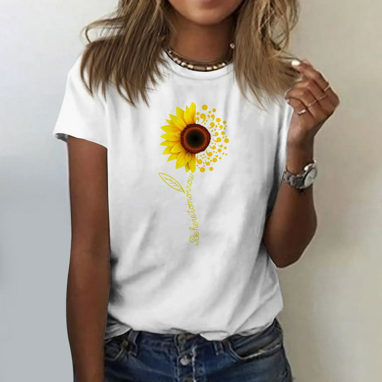 HAPIMO Savings Shirts for Women Sunflower Graphic Print Crewneck Tee Shirt  Casual Comfy Pullover Tops Short Sleeve Teen Grils Fashion Clothes Womens  Summer Tops White L 