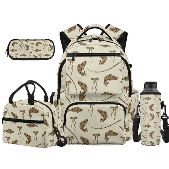 Yuyamidu Camo Fishing Pattern 17-Inch Kids Backpack Set, 4Pcs School Bookbag with Lunch Box Pencil Case Bottle Sleeve, Kids Travel Daypack for Boys Girls Kids