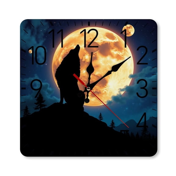 RKSupls 10×10inch Square Silent Wall Clock Wooden Frame, Wolf Moon Howling Scale Decorative Clock for Home Bedroom Living Room Office