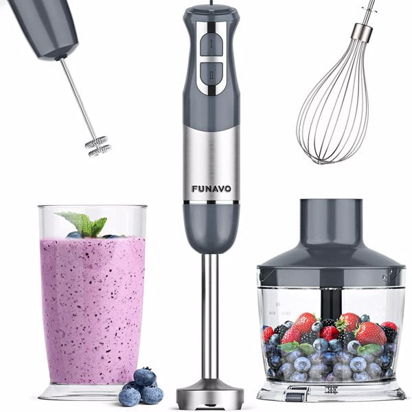 Frother Attachments 500ml Chopping Bowl Immersion Hand Blender FUNAVO 5-in-1 Multi-Function 12 Speed 800W Stainless Steel Handheld Stick Blender with Turbo Mode Whisk BPA-Free 600ml Beaker 