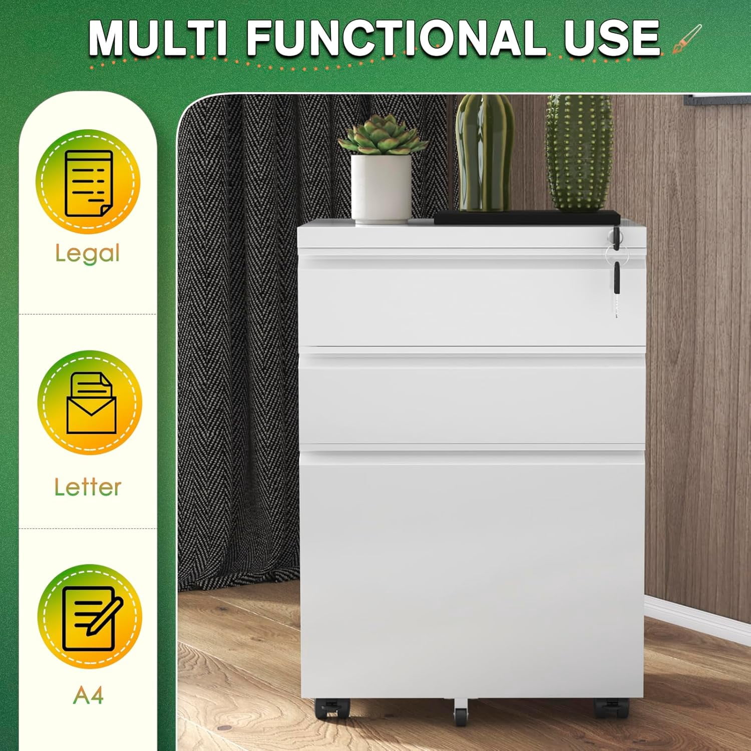 SUNCROWN File Cabinet, 3-Drawer Rolling Metal Mobile File Cabinet with Lock Fully Assembled Except Casters, Under Desk Cabinet for Home Office Fit Letter/Legal/A4 Size Files(White)