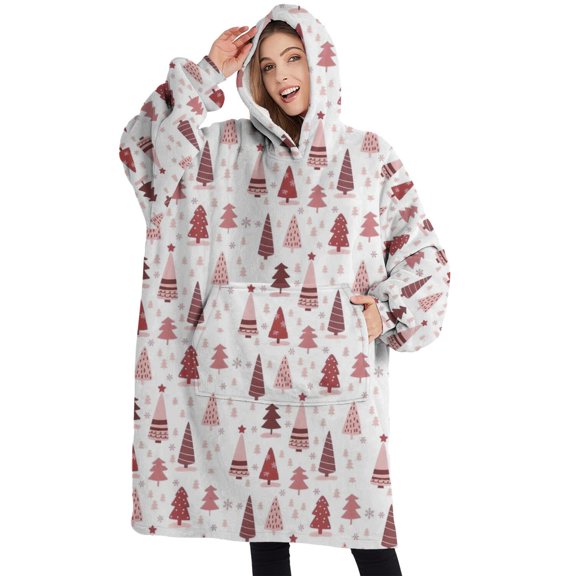 Oversized Wearable Blanket Hoodie,Pink Christmas Tree Pattern Sherpa Blanket Hoodie with Super Pockets,Super Warm Fuzzy Pullover for Women & Men
