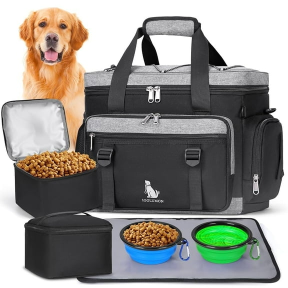 IGOLUMON Large Dog Travel Bag Set - Multi-Pockets Tote Organizer with 2 Extra Large Food Containers, 2 Dog Bowls, 1 Feeding Mat