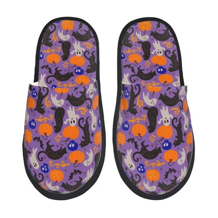 Balery Halloween Black Cats Slient Indoor Furry Fleece Comfort House Shoes Soft Non-Slip Home Shoes Cotton slippers House Slippers-- Large