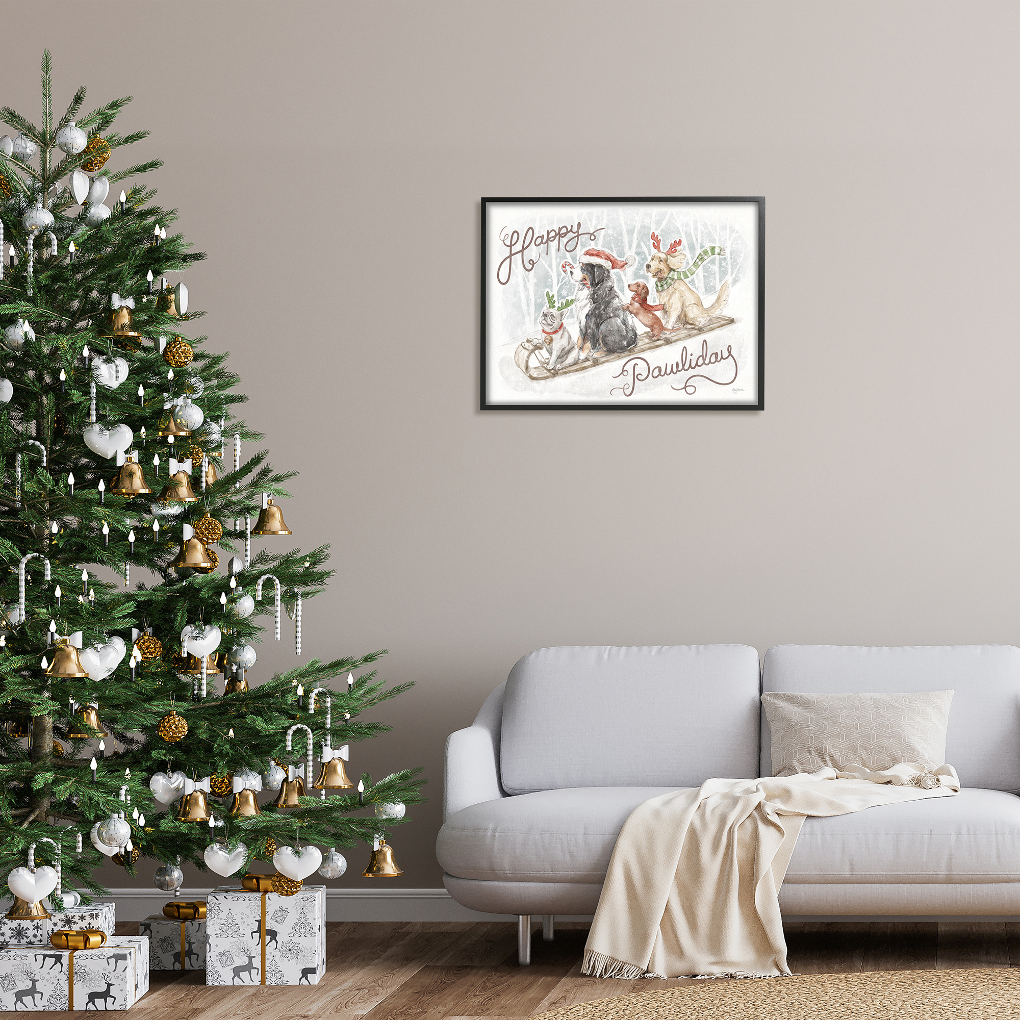 Stupell Industries Happy Pawliday Dogs Holiday Painting Black Framed Art Print Wall Art, 30 x 24