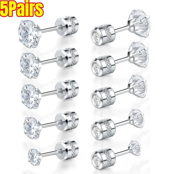 5pairs Push-in Flat Back Stud Earrings Hypoallergenic  Stainless Steel Cubic Zirconia Earrings Studs Set Multi-Pack, CZ Stud Earrings for Women Men Trendy Cartilage Stud Earrings 2-8mm