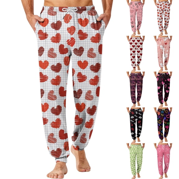 Men's Drawstring Pocket Cuffed Casual Pants, Romantic Heart Print Valentine's Day Home Sleep Pants for Gift and Holiday,Beige,L