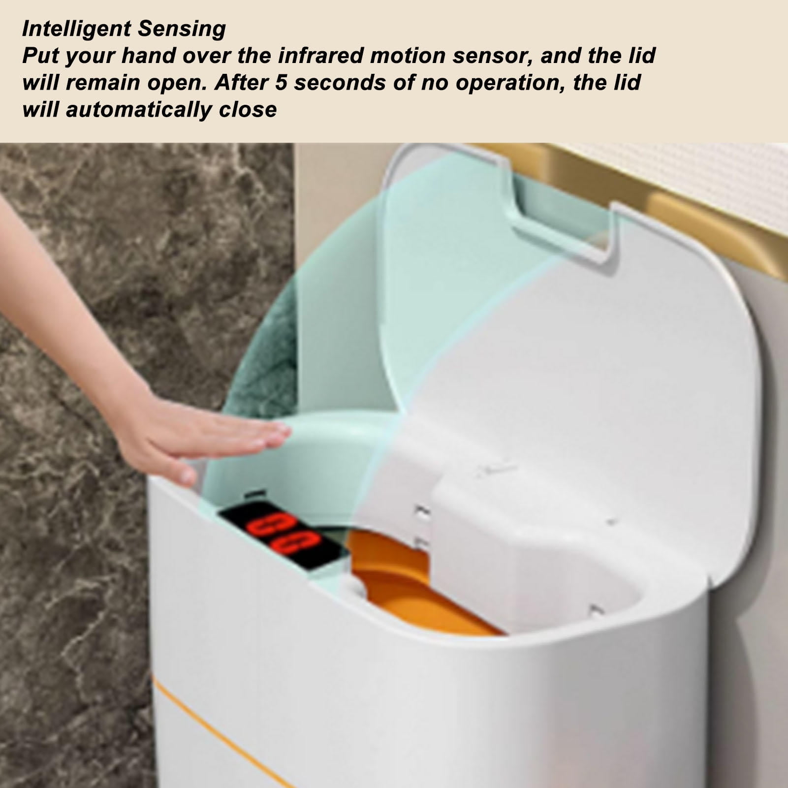 Suodoka 15L Smart Sensor Wall‑Mounted Trash Can, IPX5 Waterproof, No‑Contact Lid, 15‑Liter Capacity, Ideal for Bathroom, Bedroom & Living Room