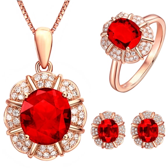 3PCS Classic Oval Pendant Crystal Necklace | Gemstone Ruby Sapphire Waterdrop Birthstone Emerald Necklace | 18K Rose Gold Plated Chain | Vintage Meaningful Jewelry Gift for Mother Wife Girlfriend