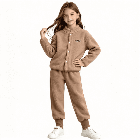 Amidoa Girls 2 Piece Outfits Fall Winter Clothes Fleece Long Sleeve Top and Pants Kids Clothing Sets Khaki Size 4-5 Years