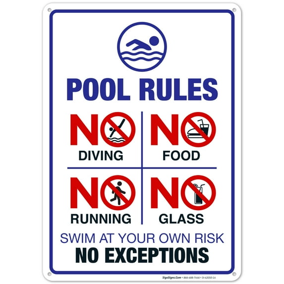 Pool Rules Sign, No Diving Pool Sign, 10x14 Aluminum