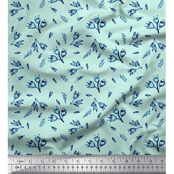 Soimoi Green Cotton Duck Fabric Leaves & Tulip Floral Print Sewing Fabric Yard 42 Inch Wide