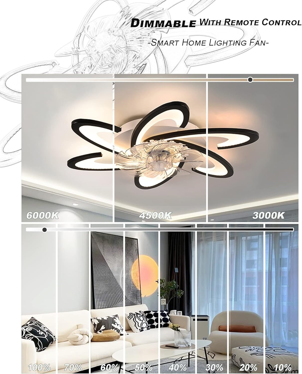 AIPAITELIGHT 26" Modern LED Ceiling Fan with Light, Flush Mount Quiet Fan with Remote & App Control, 6-Speed Reversible Motor, Dimmable 3-Color Lighting for Bedroom/Living Room, White