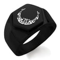 thumbnail image 1 of Stainless Steel Mayan Crescent Moon Rune Engraved Hexagon Crest Flat Top Biker Style Polished Ring, 1 of 1