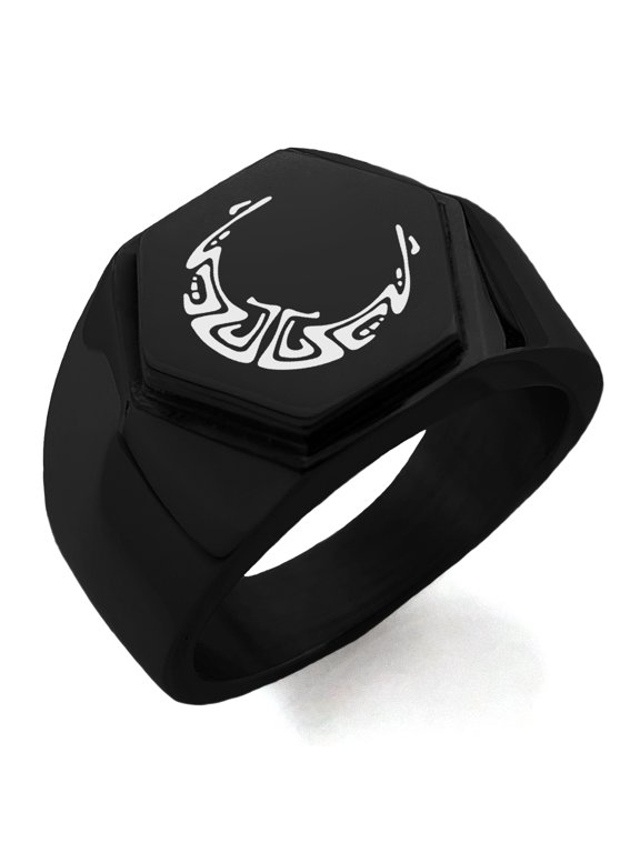 Stainless Steel Mayan Crescent Moon Rune Engraved Hexagon Crest Flat Top Biker Style Polished Ring