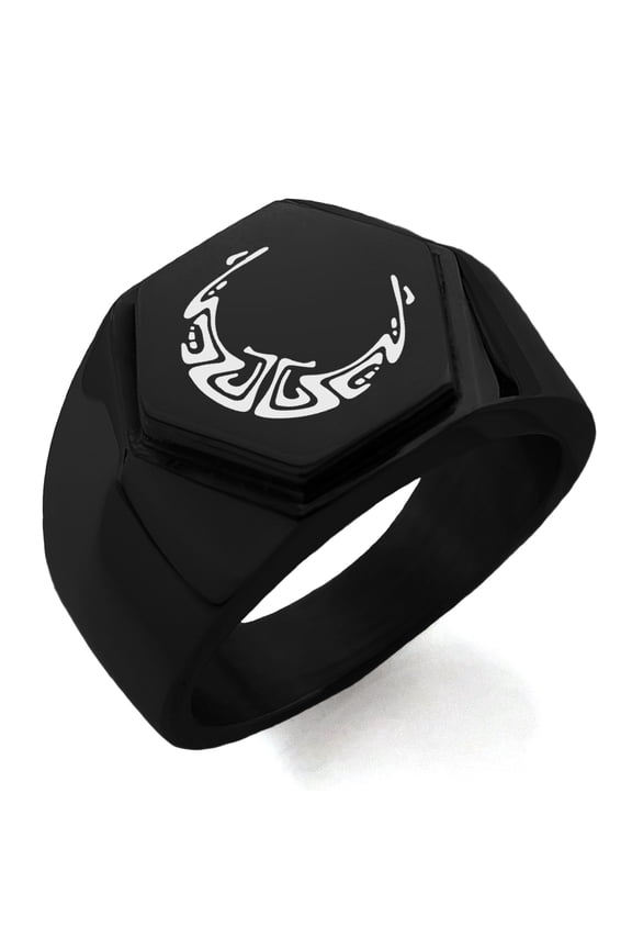 Stainless Steel Mayan Crescent Moon Rune Engraved Hexagon Crest Flat Top Biker Style Polished Ring