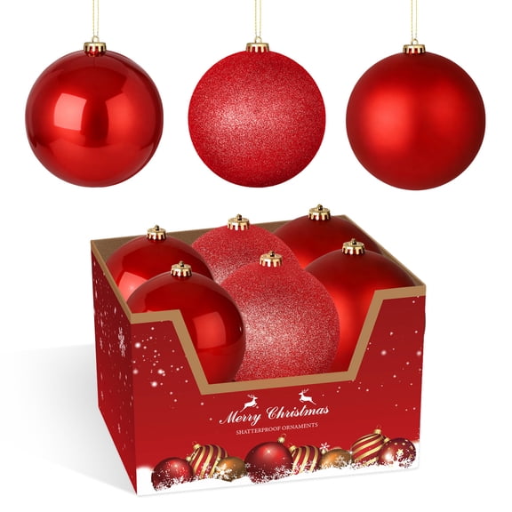 LAMPHOME 12PK 8" Shatterproof Christmas Ball Ornaments, Glossy & Matte & Glitter Red Assortment, Festive Xmas Tree Decor for Holiday Celebration