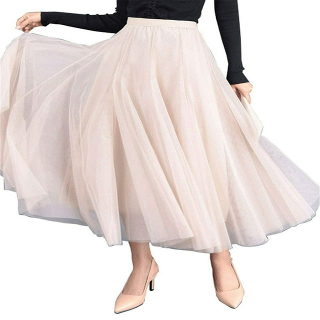 Jupe Longue en Tulle pour Femme Robe Tutu Évasée Plissée en Chiffon Taille Élastique Jupe Midi