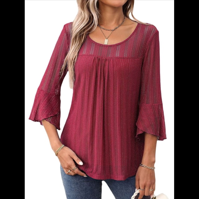 Blusa Elegante con Volantes para Mujer, 3/4, Cuello Redondo, Doble Capa, , Túnica. Rojo XL