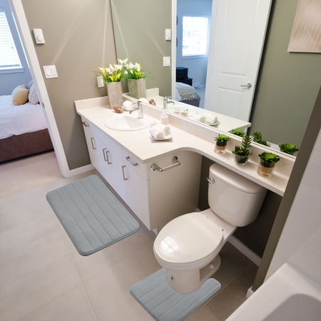 REGALWOVEN Home Memory Foam Non-slip Washable Warm Toilet Pads Mats Rug 2 in 1 Silver Gray