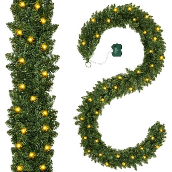 9FT Pre-lit Christmas Garland with 30 LED Waterproof Lights, Battery Operated 8 Modes Timer - for Stairs, Mantle, Door, Window, Indoor Outdoor Holiday Decor