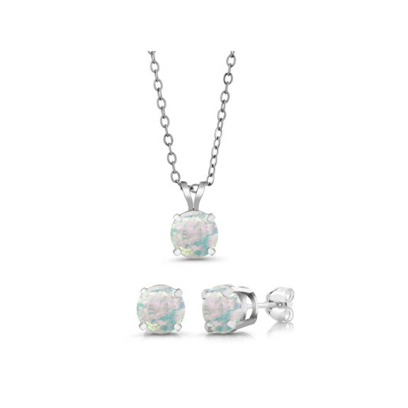 Gem Stone King 0.90 Ct Round 6mm White Simulated Opal 925 Silver Stud Pendant and Earrings Jewelry Set