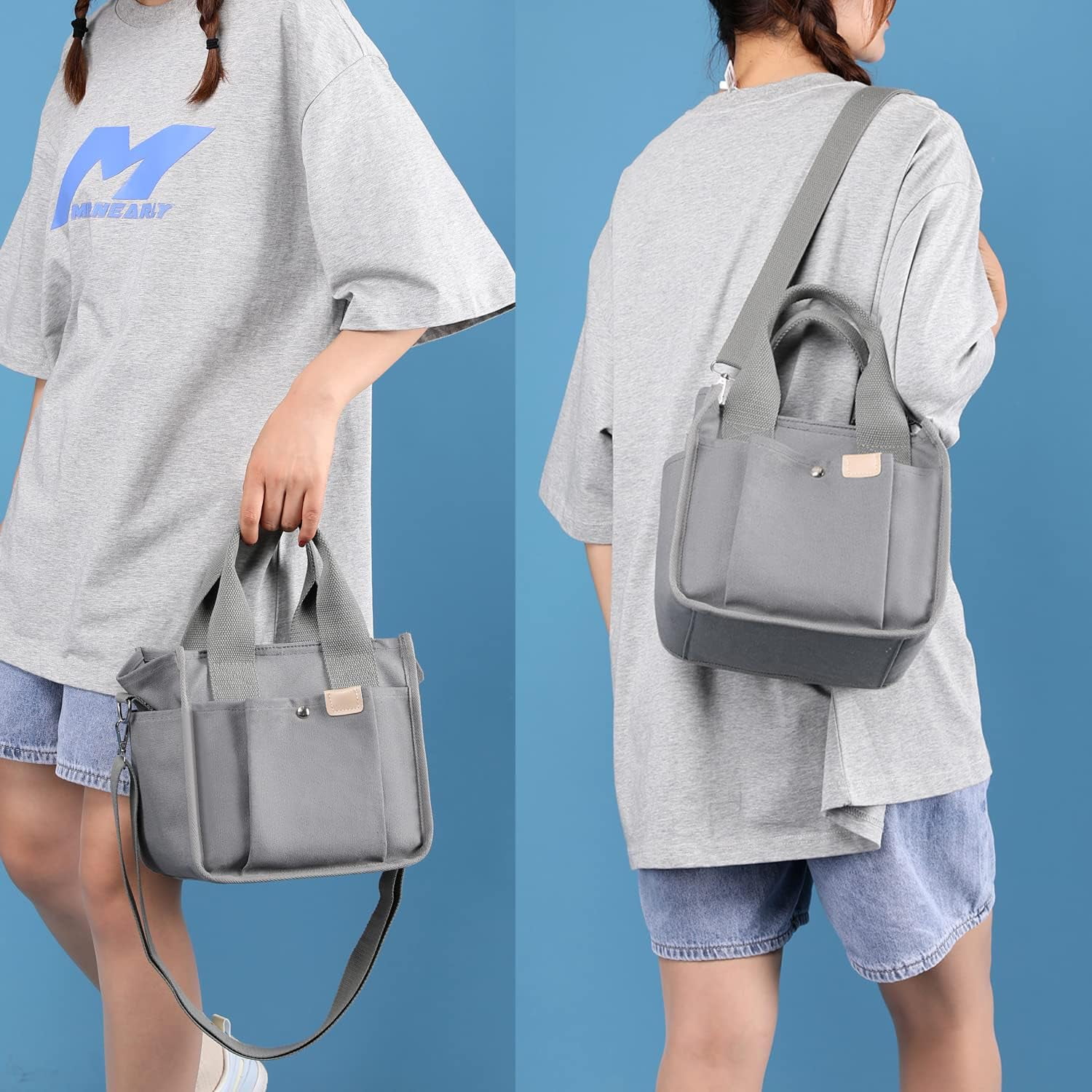 Small Canvas Tote Bag with Pockets for Women, Cute Mini Crossbody Shoulder Bags, Casual Satchel Purse Hobo Messenger Handbag
