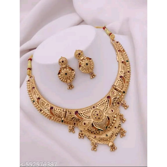Traditional Antique Gold Plated Necklace Set with Earrings Jewelry For Women Wedding Wear Gift