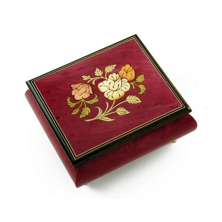 Radiant Red Wine Music Jewelry Box with a Floral Wood Inlay Design - Aloha Oe, H.M.O -