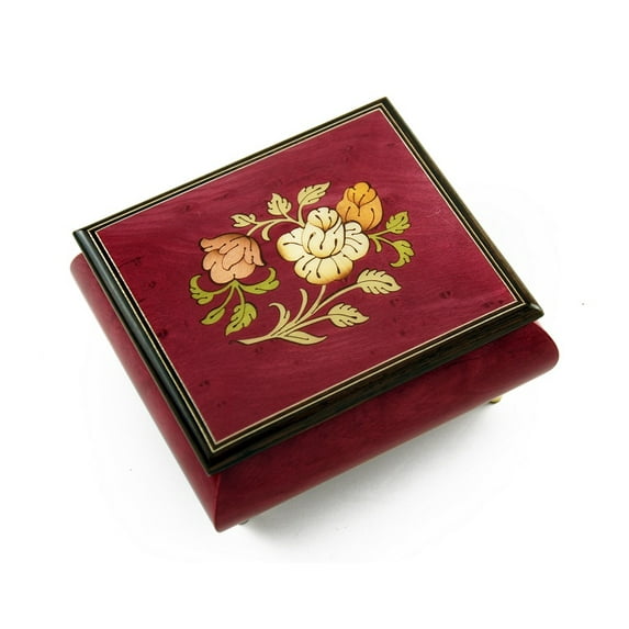 Radiant Red Wine Music Jewelry Box with a Floral Wood Inlay Design - Some Day My Prince Will Come (Snow White)