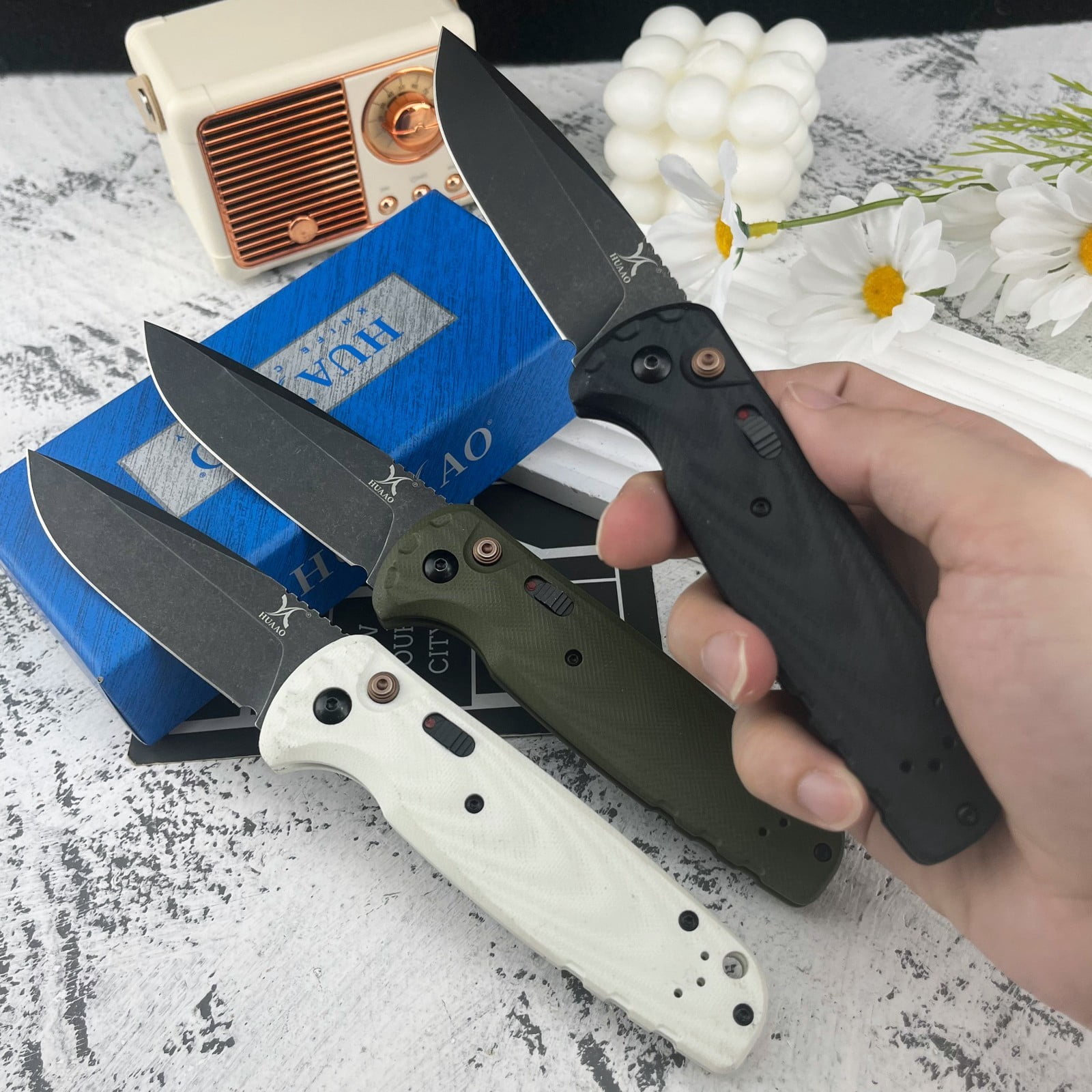 HUAAO D2 Steel Folding Pocket Knife with G10 Handle, 3.5'' Blade, EDC Utility Tool