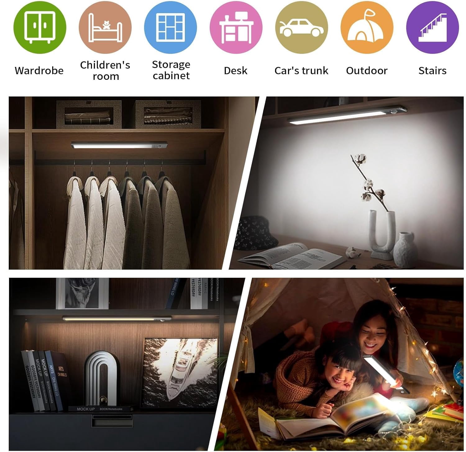 9.5 Inch 2-Pack Rechargeable Motion Sensor Light Bar, Magnetic Dimmable Under Cabinet Lighting, 3 Color LED Closet Light for Kitchen Stairs