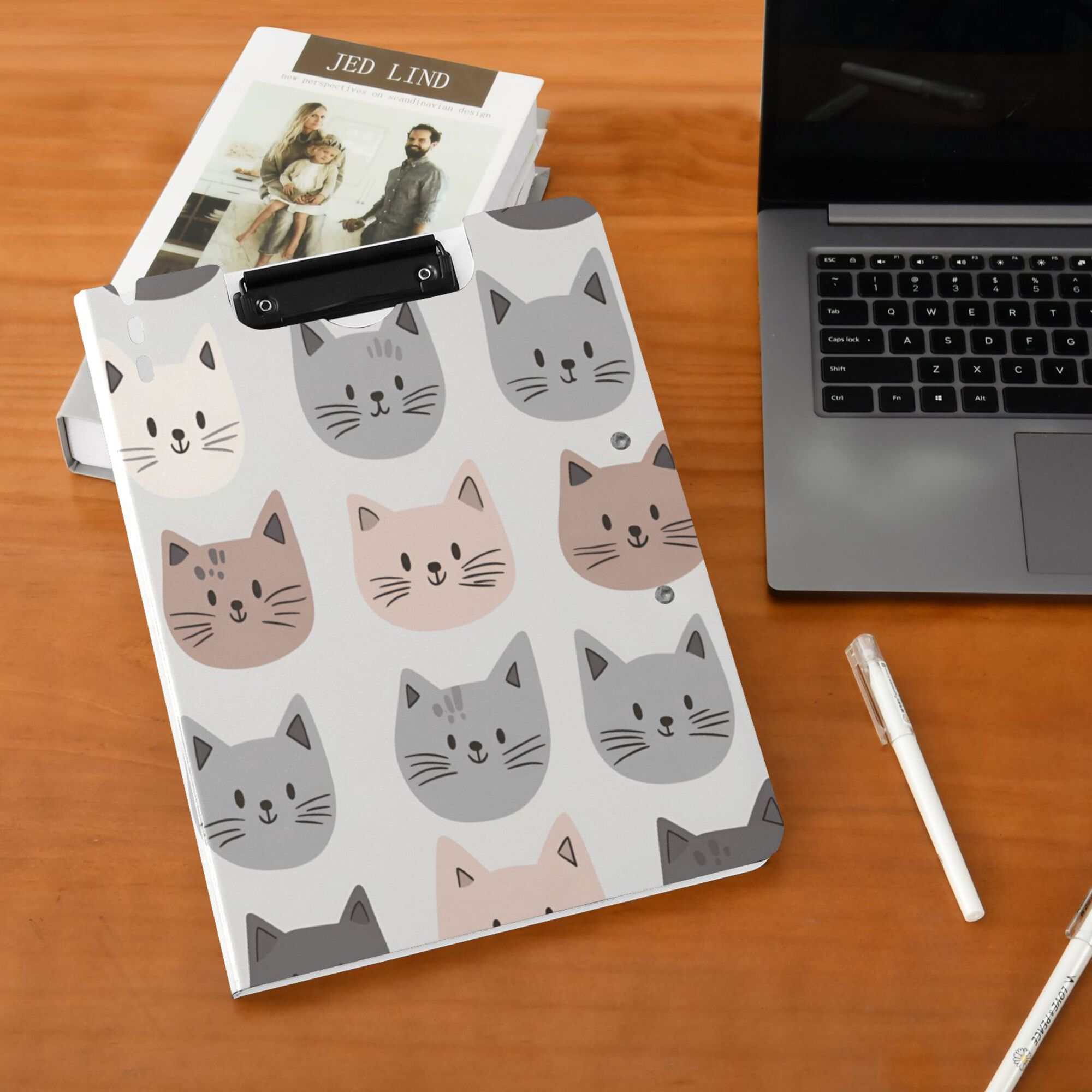 FORMRS A4 Clipboard Folder with Pen Holder Horizontal Foldable School Office Binder, Gray Cat Pattern