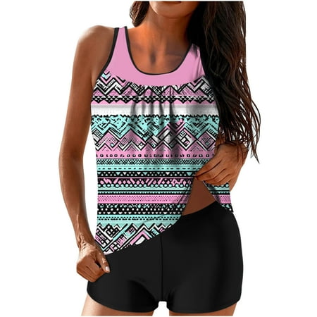 ZQGJB Tankini Swimsuits for Women Two Piece Bathing Suits Mesh Patchwork Scoop Neck Blouson Tank Top with Boyshorts Tummy Control Modest Swimsuits(Multicolor#05 L)
