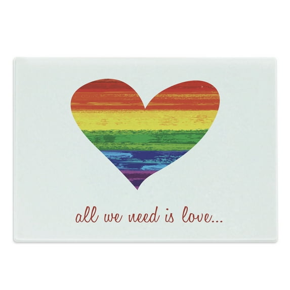 Pride Cutting Board, Romantic All We Need Is Love Famous Words with Heart Shape in the Gay Parade Colors, Decorative Tempered Glass Cutting and Serving Board, Large Size, Multicolor, by Ambesonne
