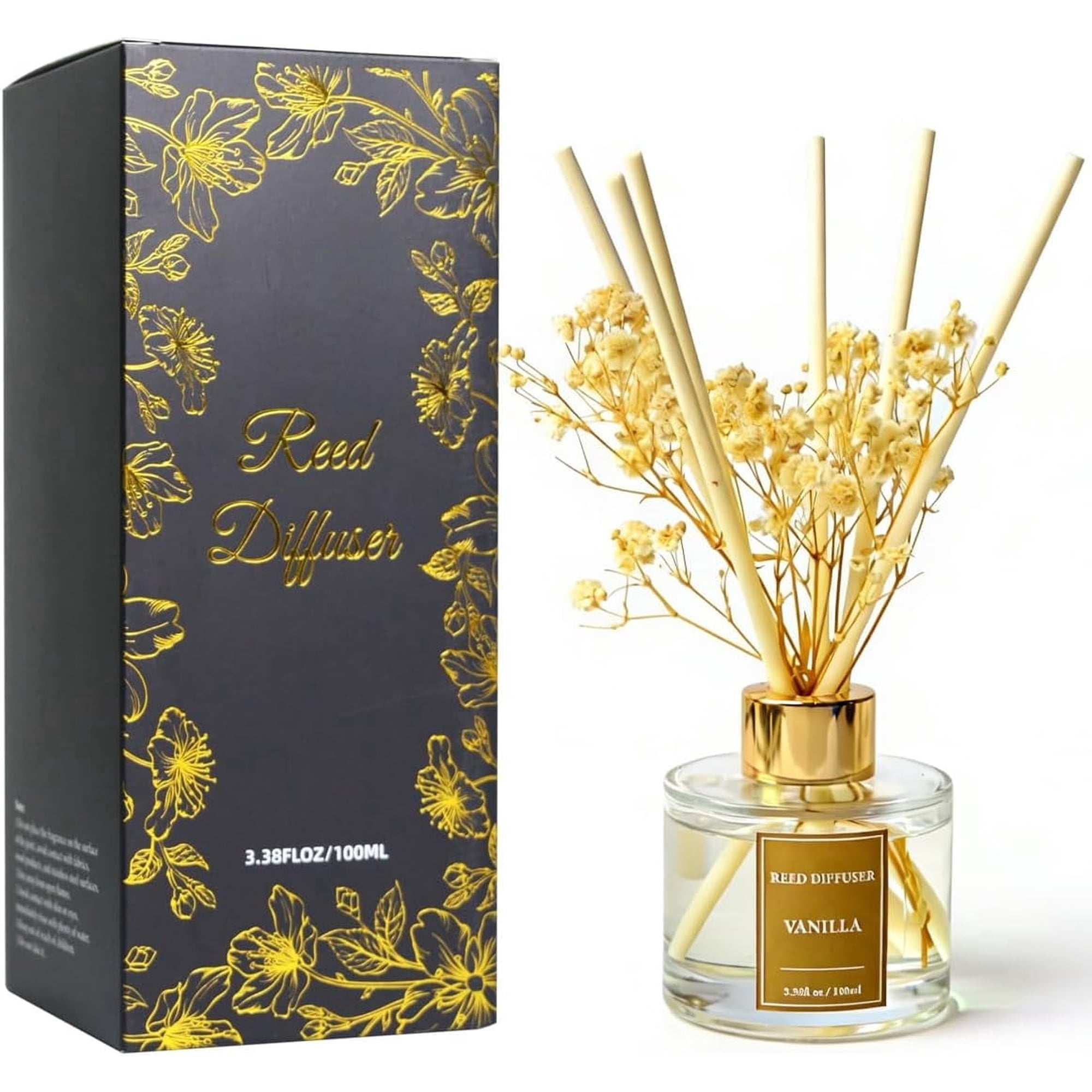 Reed Diffuser Set‑Vanilla Scent 3.38 fl oz Long Lasting Fragrance Home Aromatherapy Decor Natural Essential Oil Diffuser for Bedroom Bathroom Living Room