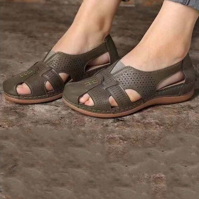 Sandalias planas huecas con punta redonda Retro Low-top Roman Zapatos de mujer Wmkox8yii shjk3919