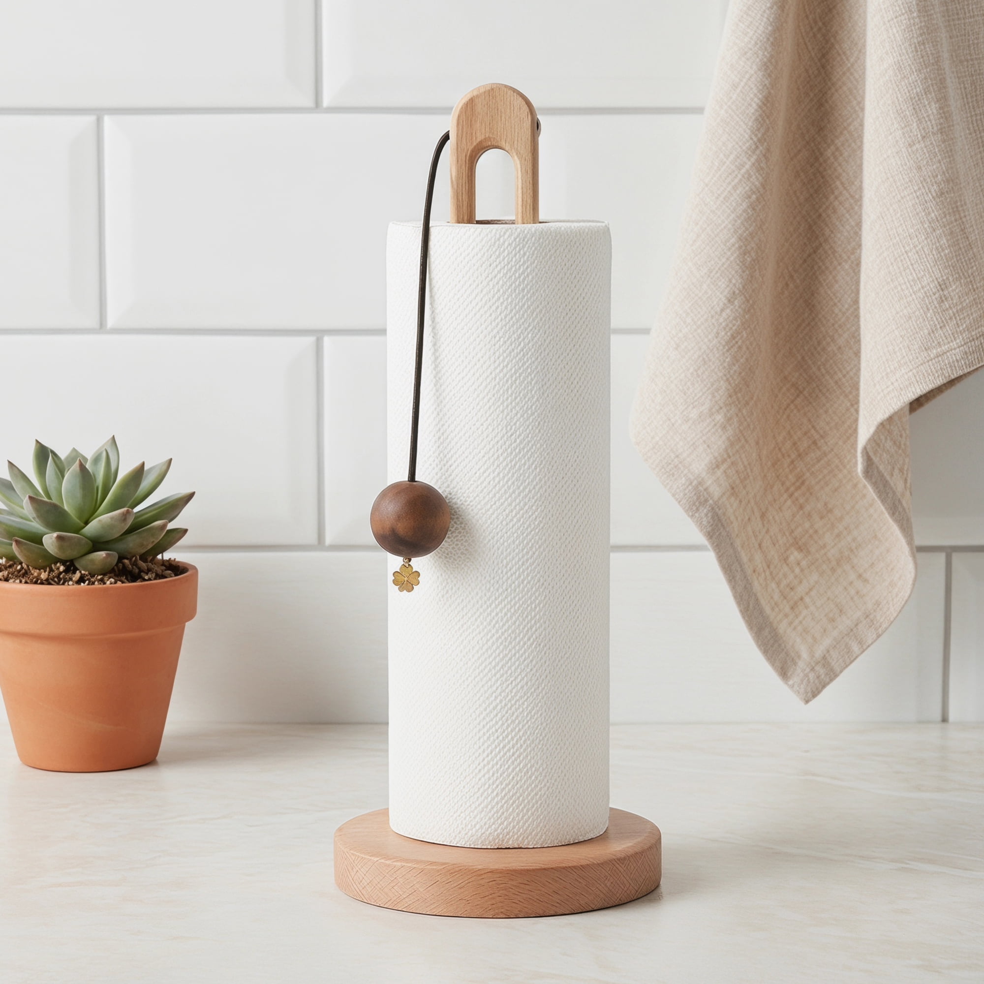 Unique Bargains Paper Towel Holder Countertop Modern Base Wood Pendant 12.2x5.1inch