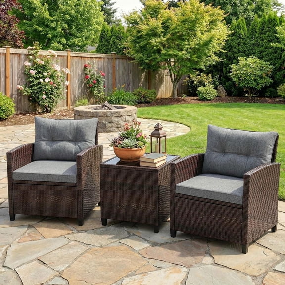 Barara King Patio Relaxation Sets,3 Pieces Rattan Patio Furniture Set with Washable Cushion-Gray