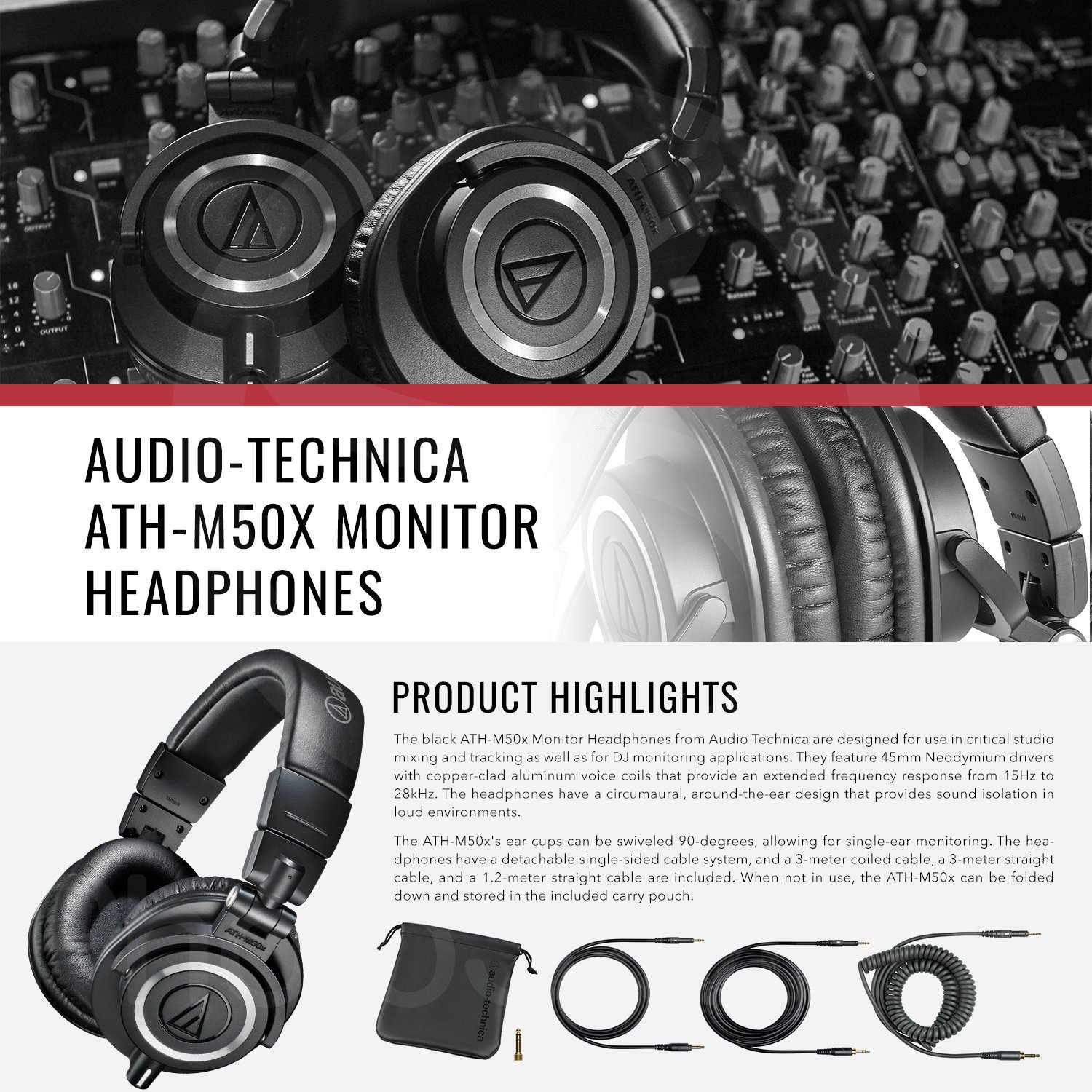 Audio Technica ATH-M50X Monitor Headphones (Black) Professional Kit, with  Carrying Case, Fibertique Cleaning Cloth and 3 Cables ? For DJs, Studio  Recording and Listening 