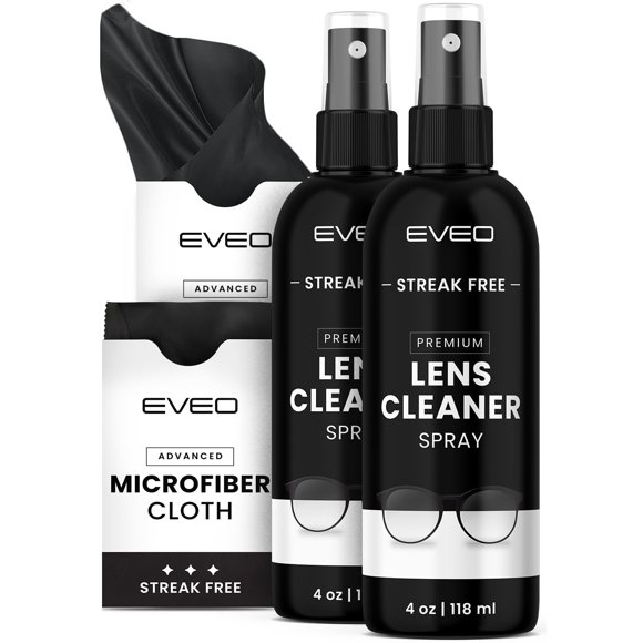 Kit de limpieza EVEO para lentes con spray limpiador y paño de microfibra