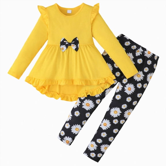Cdudpw Toddler Girl Clothes Girls Fall Outfits Kids Clothing Winter Long Sleeves Ruffle Floral Hems Top Pant Set(Y214-Yellow)