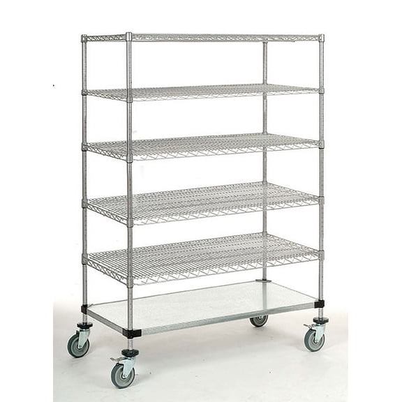 18" Deep x 72" Wide x 92" High 1200 lb Capacity Mobile Unit with 5 Wire Shelves and 1 Solid Shelf