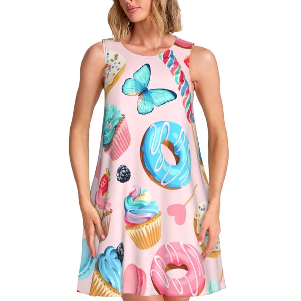 Disketp Cupcakes and Donuts para Vestido sin Mangas para Mujeres, Vestidos de Verano para Mujeres, Casual y Holgado para la Playa