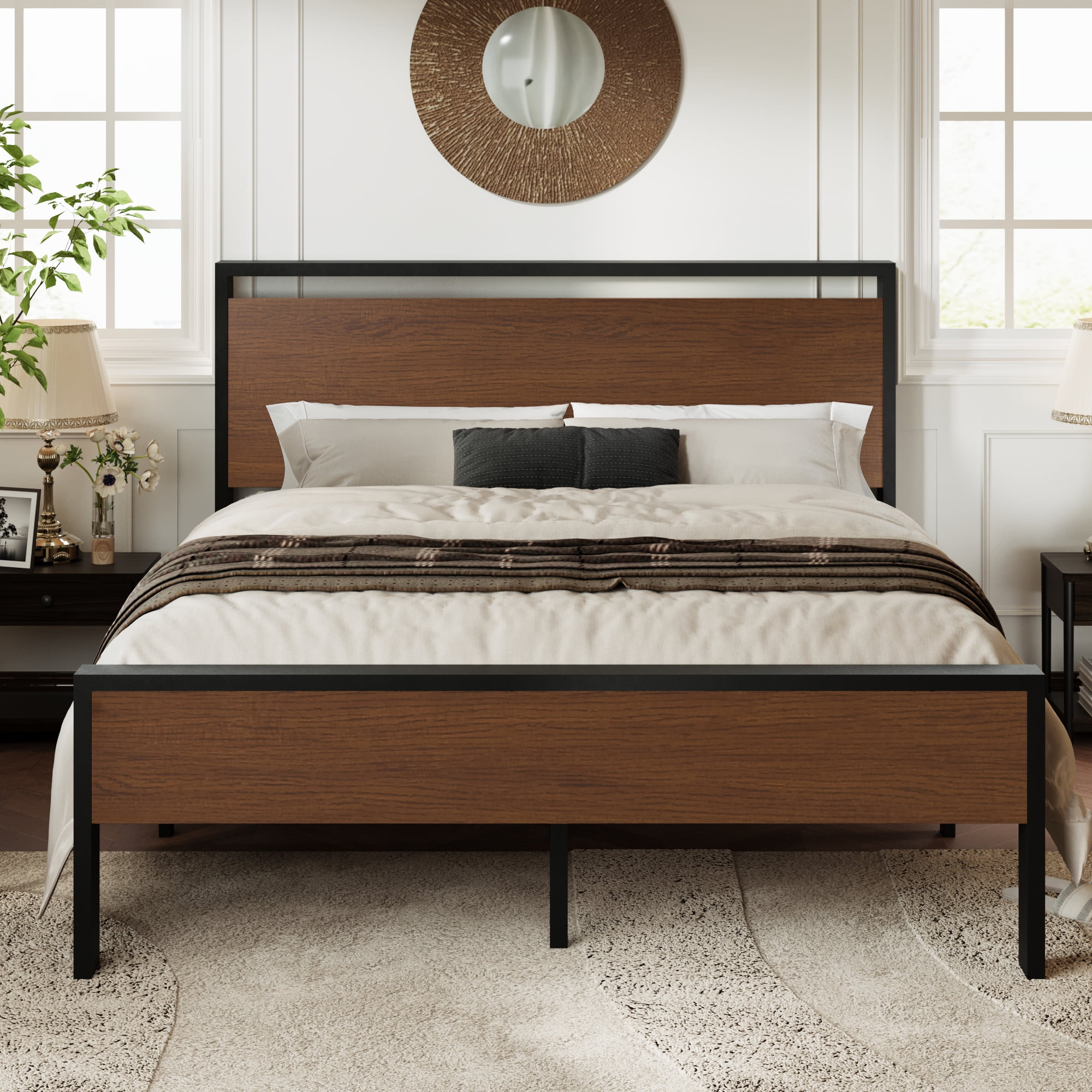 Allewie Full Size Bed Frame, Heavy Duty Metal Platform Bed with Wooden Industrial Headboard & Footboard, No Box Spring Needed, Walnut