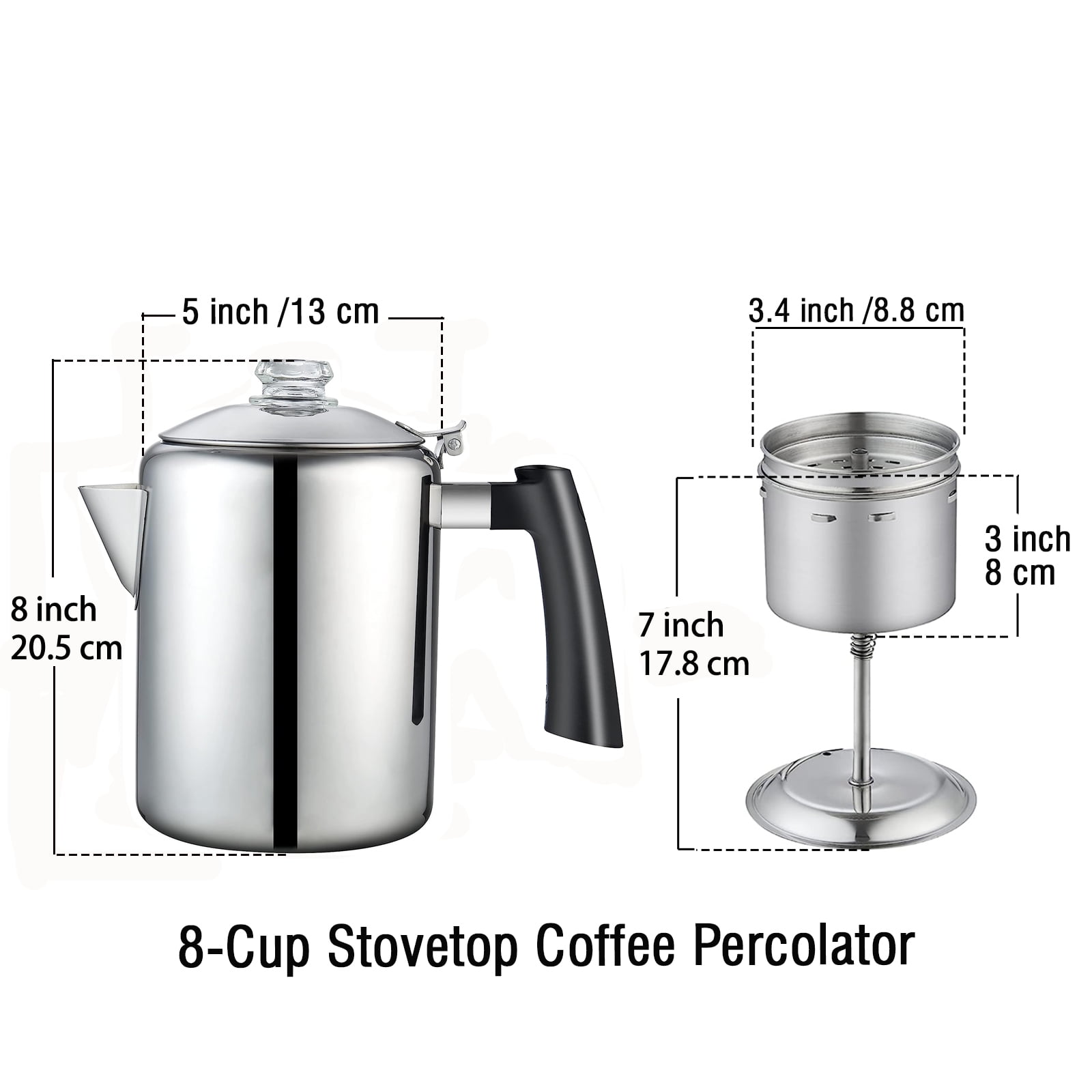 Elite Gourmet EC008 Classic Stovetop Coffee Percolator, Glass Clear Brew  Progress Knob, Cool-Touch Handle, Cordless Serve, 8-Cup, Stainless Steel