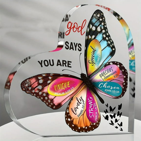 Inspirational Butterfly Scripture Gifts - Acrylic Heart-Shaped Desk Decor Motivational Verses Perfect Women Faith-Based Ornament Ideal Christmas Valentine Day & More Inspirational Office 3.9x3.9 0.6