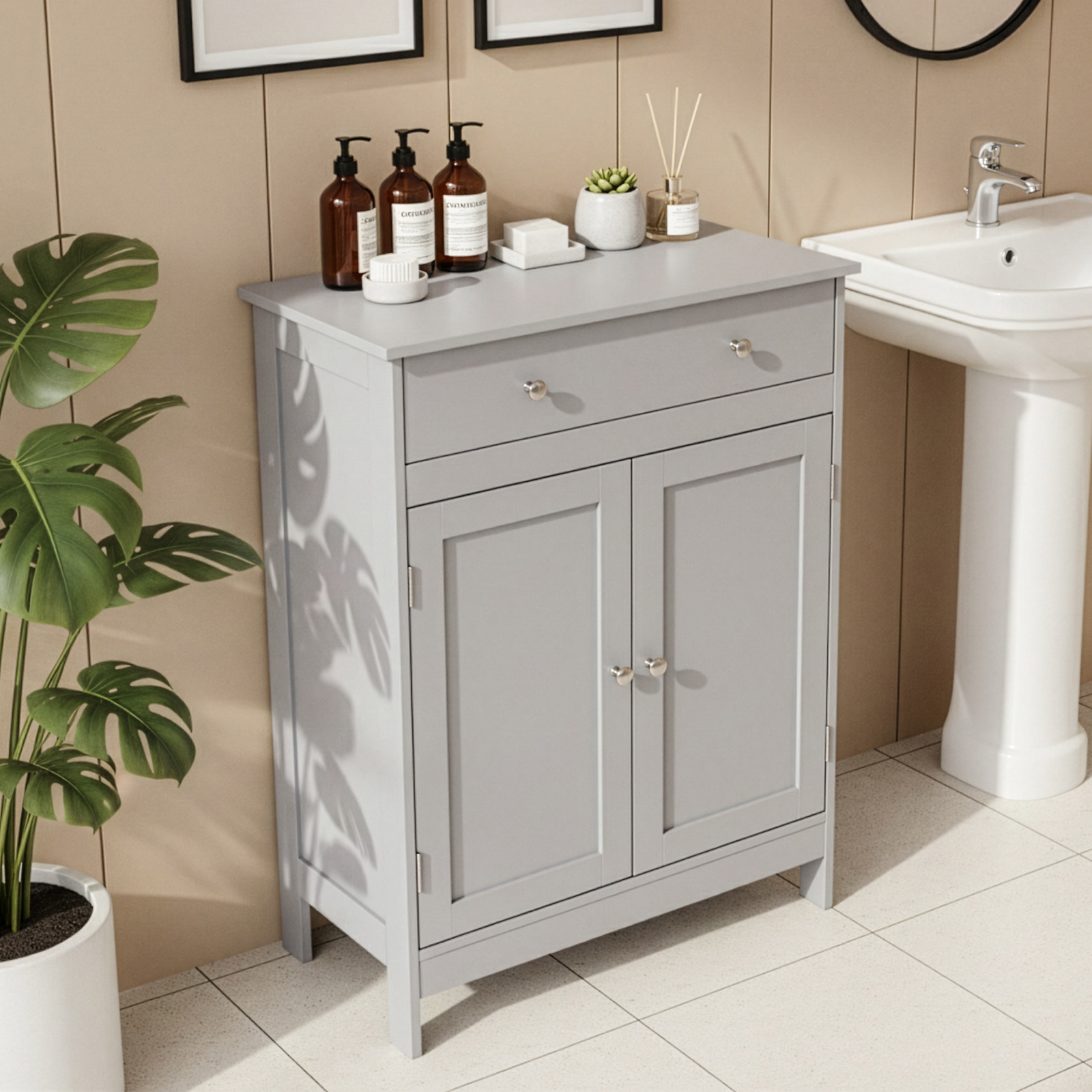 Ktaxon Bathroom Floor Cabinet, Freestanding Storage Cupboard w/ Drawer and 2 Doors, MDF Gray
