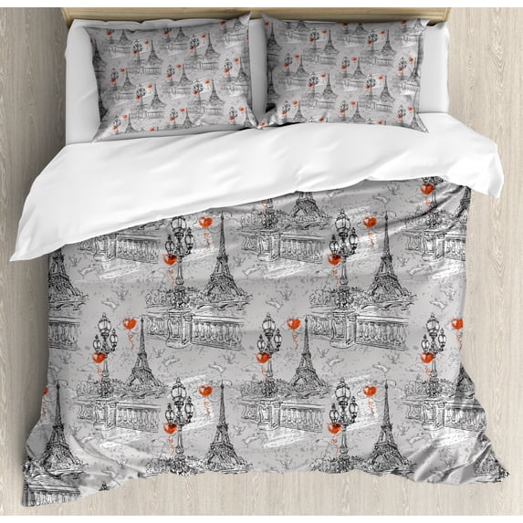 Eiffel Duvet Cover Set Queen Size, River Seine Lanterns and Doves on Vintage Style Drawing Style Artistic Backdrop, Decorative 3 Piece Bedding Set with 2 Pillow Shams, Red Black Grey, by Ambesonne