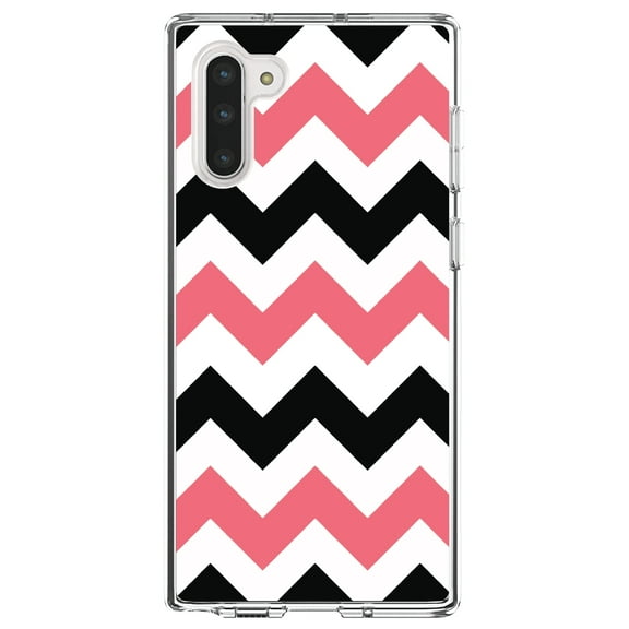 DistinctInk Clear Shockproof Hybrid Case for Samsung Galaxy Note 10 (6.3" Screen) - TPU Bumper, Acrylic Back, Tempered Glass Screen Protector - Black Pink Stripes - Stripes Pattern
